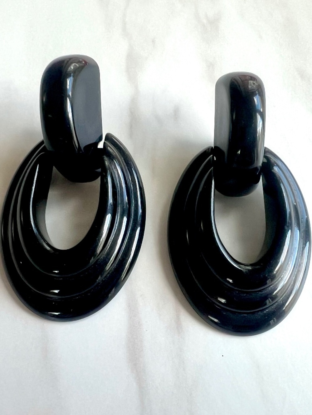 Vintage Doorknocker Earrings Black Acrylic Plastic Big New Wave Avant Garde